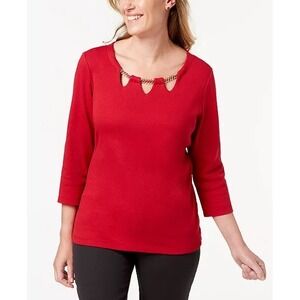 Karen Scott Womens Red 3/4 Sleeve‎ Knit Top Gold Chain Cutout Neck Size M 013